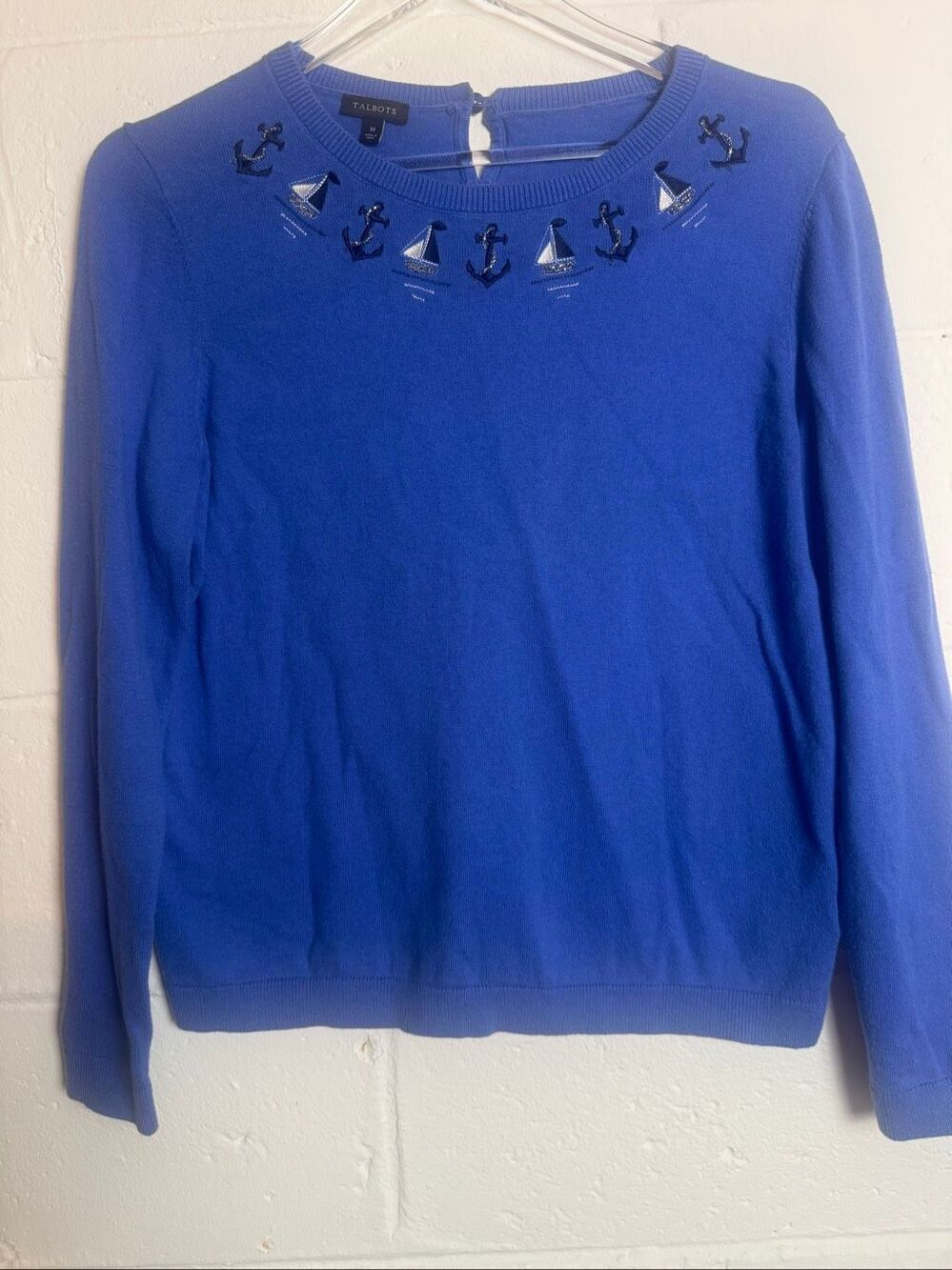 Talbots Nautical Anchor Sailboat Embellished Sweater Blue Medium Coastal Preppy